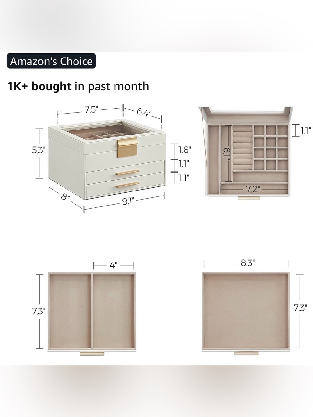 Cream Jewelry Organizer Box with Drawers and Tray